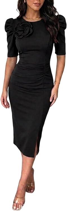 CHICME Women's Bodycon Midi Dress Ruched Puff Sleeve Cocktail Pencil Dress Casual Slit Party Work Dresses XXL