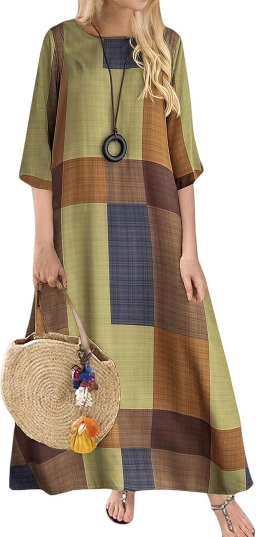 Women's Vintage Geometric Print Maxi Dress Color Block Plaid Design Crew Neck 3/4 Sleeve Loose Fit Long Dresses (Medium)