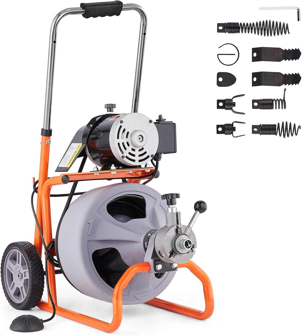 VEVOR Drain Cleaner Machine 75FT x 3/8 Inch, Auto Feed Sewer Snake Drain Auger on Wheels, Portable Drain Cleaning Machine with 8 Cutters & Air-activated Foot Switch for 2" to 4" Pipes