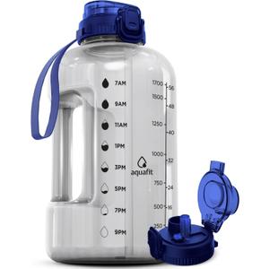AQUAFIT Half Gallon Water Bottle with Time Marker - Straw & Chug Lid - BPA Free Gym Water Bottle with Straw - Big Gallon Jug (Clarity, 64 oz - 2in1 Lid)