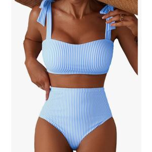 Herseas Women's Tie Shoulder Bikini Sets 2 Piece Striped Swimsuits High Waisted Bathing Suits, Size M