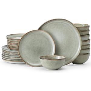 Stoneware Dinnerware Sets for 8, Reactive Glaze Plates and Bowls, Grey | 24-Piece Handcrafted Rustic Porcelain Dishes Set, Highly Scratch Resistant, Dishwasher & Microwave Safe