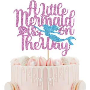 A Little Mermaid is on The Way Cake Topper - Girl Baby Shower Cake Topper - Under The Sea, Welcome Baby Girl, Mermaid Themed Baby Shower Party Decorations