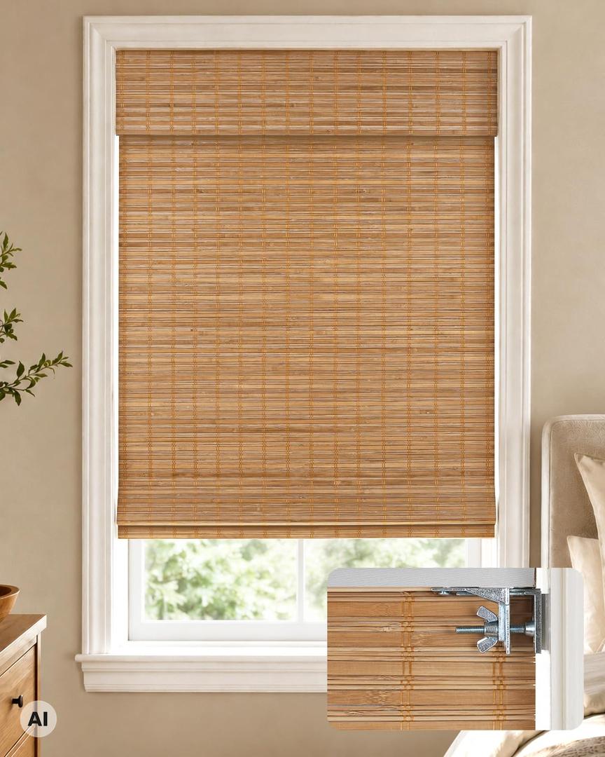 LazBlinds 100% Blackout No Drill Bamboo Roman Shades, Cordless Bamboo Blinds for Indoor Windows, Room Darkening Shades for Home & Patio, Thermal Insulated, Squirrel, 46" W x 48" H