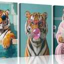 3Pcs Funny Tiger Bathroom Canvas Wall Art Trendy Preppy Tiger Bathroom Wall Decor Prints Fashion Sunglasses Animal Toilet Paintings Pictures for Washroom Toilet Home Decoration 12x16in Framed