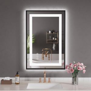 LED Bathroom Mirror,24"x36" Mirror with Black Frame, Front Light and Backlit, Stepless Dimmable, Anti-Fog, Shatter-Proof, Memory, 3 Colors, Double LED Vanity Mirror