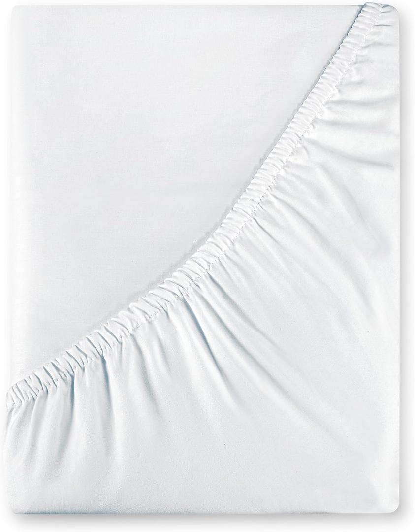 Royale Linen 400 Thread Count 100% American Grown Cotton Fitted Sheet Twin Size - All Around Elastic Fitted Sheet - Luxury Sateen Weave - Snug Fit Bottom Sheet Fit Up to 16" (Twin, Signature White)
