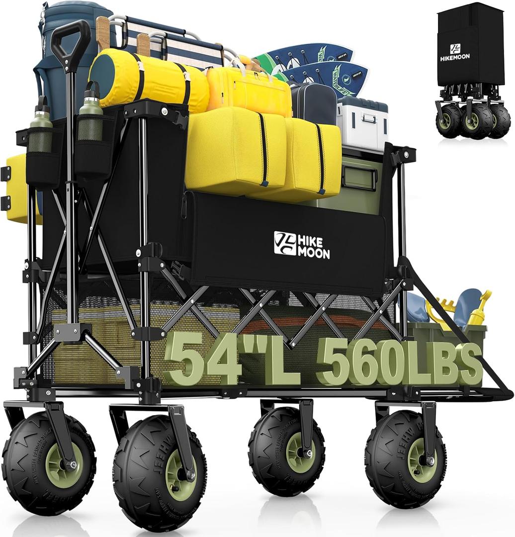 Hikemoon Double Decker Beach Wagon with 10" Big Balloon Wheels for Sand, 54'' Extra Long 560LBS Heavy Duty Wagons Carts Foldable, 400L Large All-Terrain Collapsible Folding Cart for Outdoors, Black