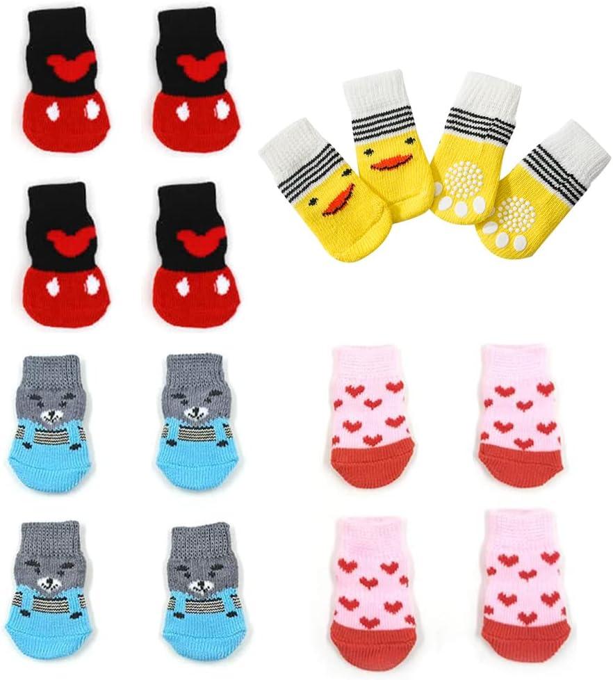 16 Pieces Dog Anti Slip Socks for Small Dogs, 4 Styles Non Skid Doggie Socks with Grips, Anti-Slip Indoor Puppy Cat Pet Paw Protection for Hardwood Floor Wear, Prevent Licking (M)