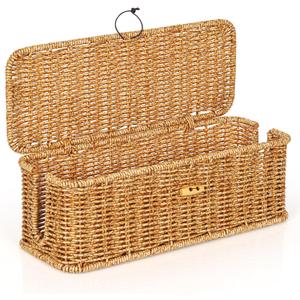 Cable Management Box, Handwoven Faux Rattan Cord Organizer Box with Lid, 2 Open Slots Cable Organizer Box, Decorative Cord Hider Box for Tv Computer USB Hub & Power Strip Holder Box (Natural)