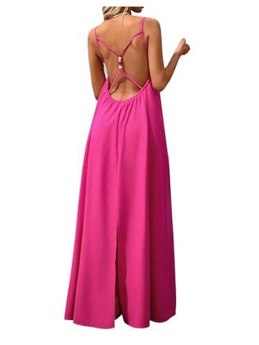 Verdusa Women's Backless Cami Dress Long Maxi Going Out Dresses Boho Split Sun Vacation Outfits Hot Pink Small