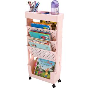 CINPIUK Pink Rolling Office Paper Organizer, Mobile Book Cart Document Folder File Storage with Pen Holder, Slim Rolling Storage Cart Movable Bookshelf for Office, Dorm, Classroom, Nursery (Large)