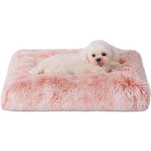 Bedfolks Waterproof Crate Bed, Plush Dog & Cat Bed with Washable Cover, Faux Fur Kennel Pad, 17"x12", Pink (XX-Small(17x12''))