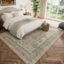 Washable 6x9 Area Rugs for Living Room, Boho Non-Slip Vintage Distress Large Rugs for Bedroom Dining Room Nursery Office, 0.3" Neutral Oriental Throw Thin Carpet, Flaxen/Multi, B2