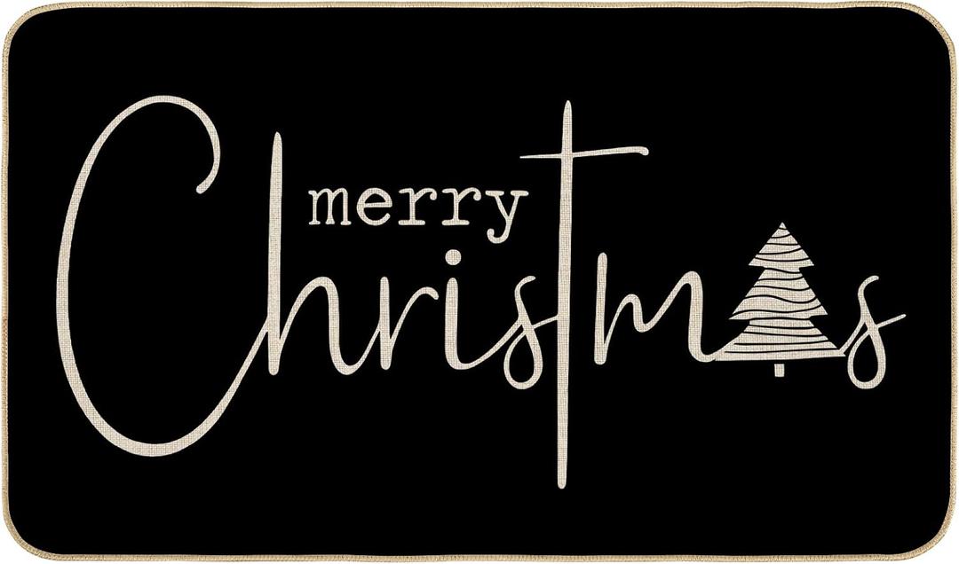 Merry Christmas Tree Doormat Xmas Winter Front Door Mat Non-Slip Rectangle Rubber Floor Mat for Indoor Outdoor Home Kitchen Entrance Porch, 17 x 29 Inch (Black)