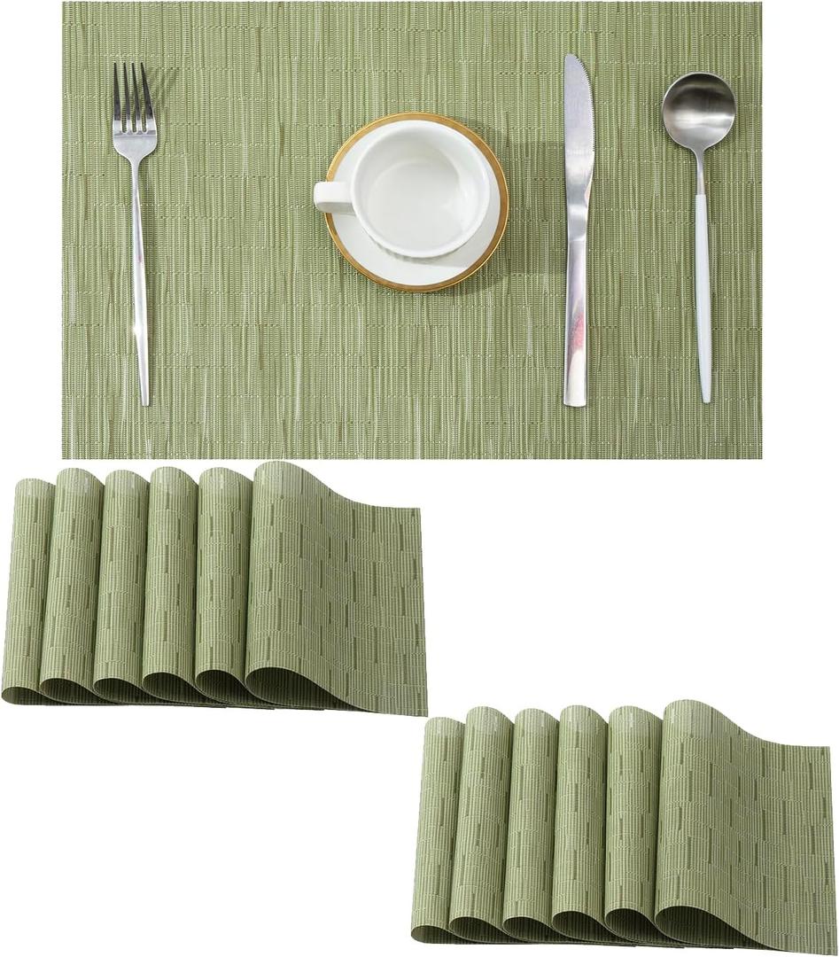 Leetaltree Pea Green Placemats Set of 6  Heat Resistant NonSlip Place mats for Dining Table, Washable Durable PVC Vinyl Woven Table Mats（Pea Green, 6）