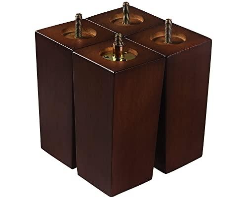 Couch Legs for Furniture Set of 4, Pyramid Square Wooden Furniture Legs 6 Inch, Mid Century Modern Brown Color Sofa Legs Replacement for Ottoman, Chair, Dresser, Coffee Table, Armchair, Settee