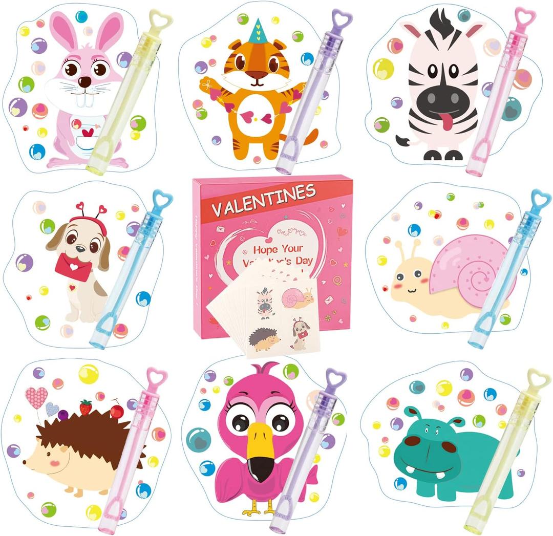 Valentines Day Cards for Kids - 32 Bubble Wands + 32 Valentines Cards for Kids, 8 Animal Designs Valentine Day Gifts Cards, Kids Valentines Cards for School Classroom Valentines Day Decorations