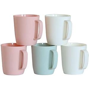Kurala Coffee Mugs Set of 5, 10 Ounce Unbreakable Plastic Cups With Handle, 3 Basic Colors, Dishwasher Safe