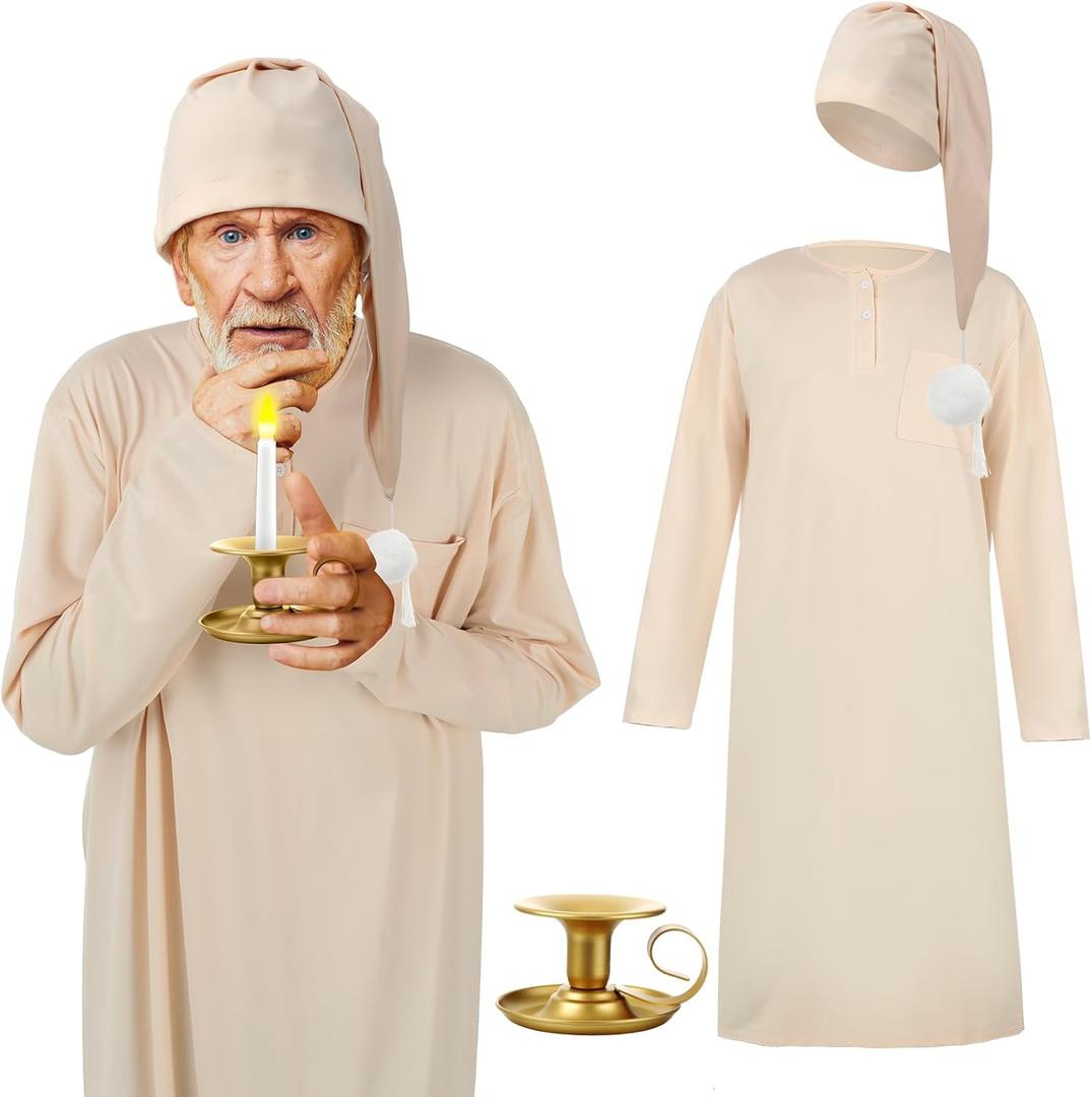 Liitrsh 3 Pcs Christmas Nightshirt Costume Cosplay Christmas Men's Pajama Nightgown Adjustable Sleep Cap Candle Holder (Medium, Beige)