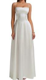 KUTUMAI Satin Maxi Dress Spaghetti Strap Lace Up Long Formal Dresses for Women Wedding Guest Cocktail Evening Prom M