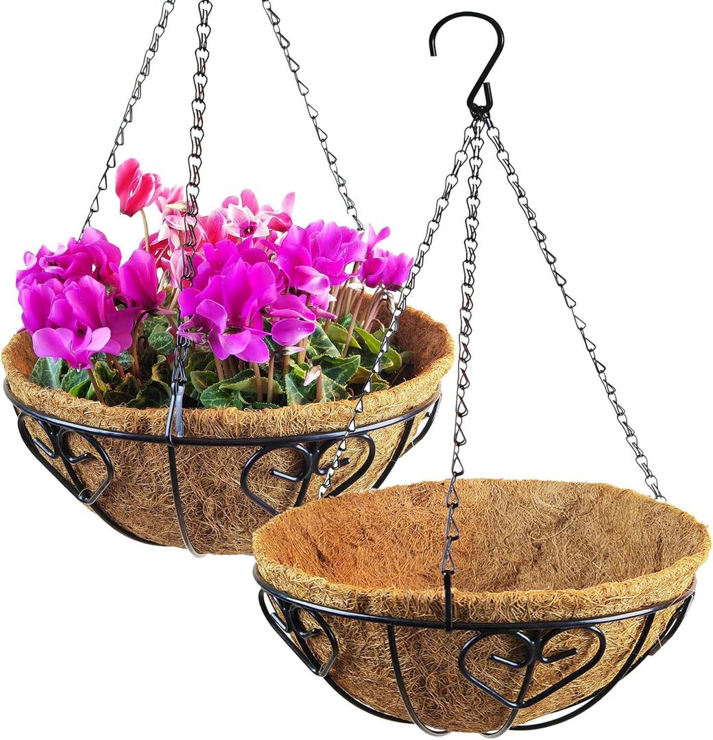 2 Packs 12" Hanging Planter Basket with Coco Liner, Metal Round Wire Plant Holder with Chain for Porch Decor Planter Pot Hanger Garden Lawn Decoration Indoor Outdoor Watering Hanging Baskets
