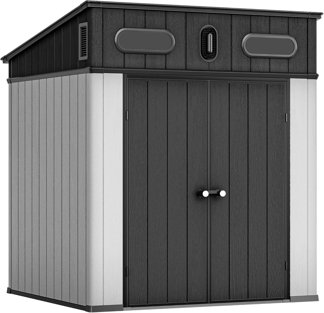 YITAHOME 6x6 FT Outdoor Storage Shed, All-Weather Resin Garden Shed with Windows, Vents and Lockable Double Doors for Garden Tools, Bikes, and Sundries, WaterproofGray