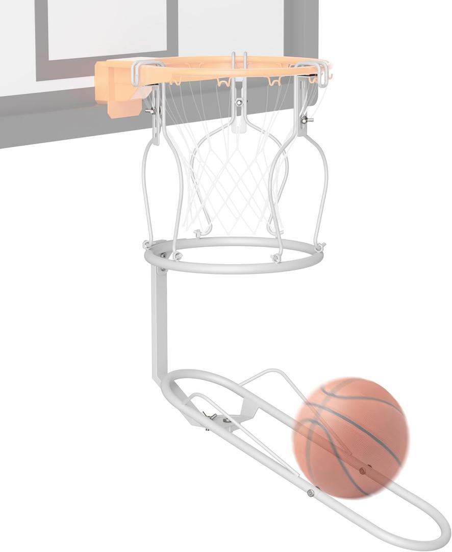 mocomax Basketball Return Attachment, 180 Rotatable Basketball Rebounder with 3 Stable Large Hooks for 18" Rim, Basketball Training Accessories for Outdoor & Indoor Solo Play & Practice (White)