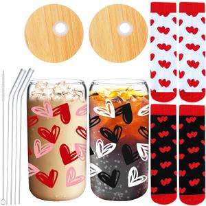 Domensi 2 Sets Galentines Day Gifts 20 oz Glass Cups with Hearts Socks Valentines Day Gifts Conversation Heart Cups Tumbler with Lids and Straw Iced Coffee for Galentines Couple Lover(Red, Black)