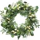 Artificial Eucalyptus Wreath with Glitter 24 Inch for Front Door, Green Spring Wreath with Big White Berries and Eucalyptus Leaves for Wedding Home Décor Outdoor décor