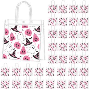 Supervitae 36 Pcs Pink Halloween Clear Favor Bags with Handle Reusable Plastic PVC Gift Bag Pumpkin Ghost Witch Goodies Totes for Treat or Trick Birthday Party Supplies, 8 x 8 x 3.15 Inch