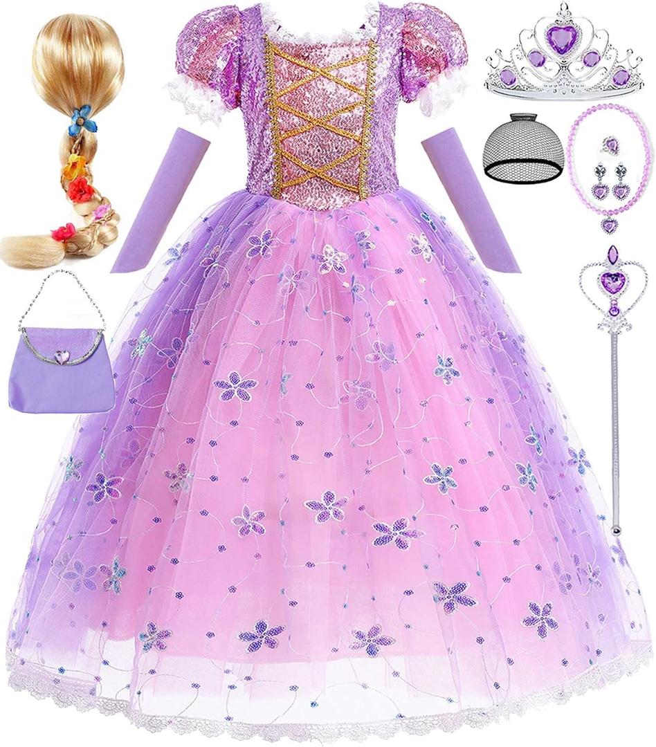 Girls Princess Costume Purple Sequin Dress Toddler Halloween Birthday Party Christmas Outfit with Wig, Size: 7-8 Years