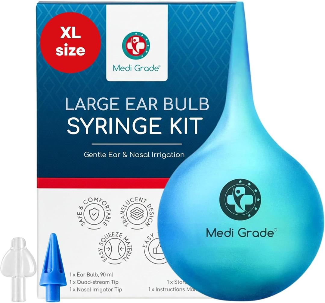 Medi Grade Large Ear Bulb Syringe, 3.04 fl oz - Translucent Bulb Ear Wax Removal Tool with Quad-Stream Tip Ear Cleaner - Travel Friendly and Gentle Ear Cleaning Kit (90ml)
