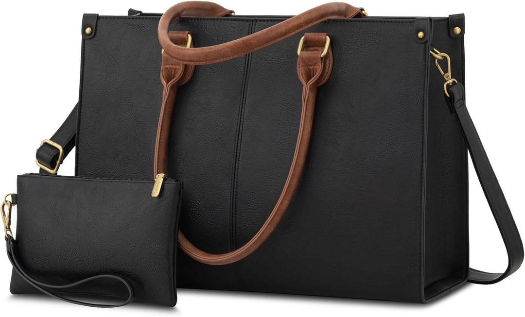 LOVEVOOK Laptop Tote Bag for Women, 15.6 Inch Large Capacity Vintage Leather Work Computer Bag, Business Casual Shoulder Handbag, Black & Brown