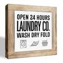 Open 24 Hours Laundry Co. Sign, Laundry Room Sign, Rustic Farmhouse Tabletop Decor for Home Bathroom, Funny Washing Room Wall Art Signs, Decorative Wooden Plaque Signs