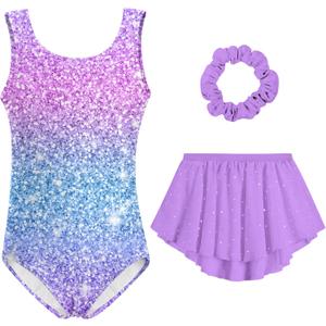 Idgreatim Girls Gymnastic Leotard Ballet Dance Dress Outfit with Removable Skirt Hair Scrunchie Combo 4-11 Years (Purple Pink)