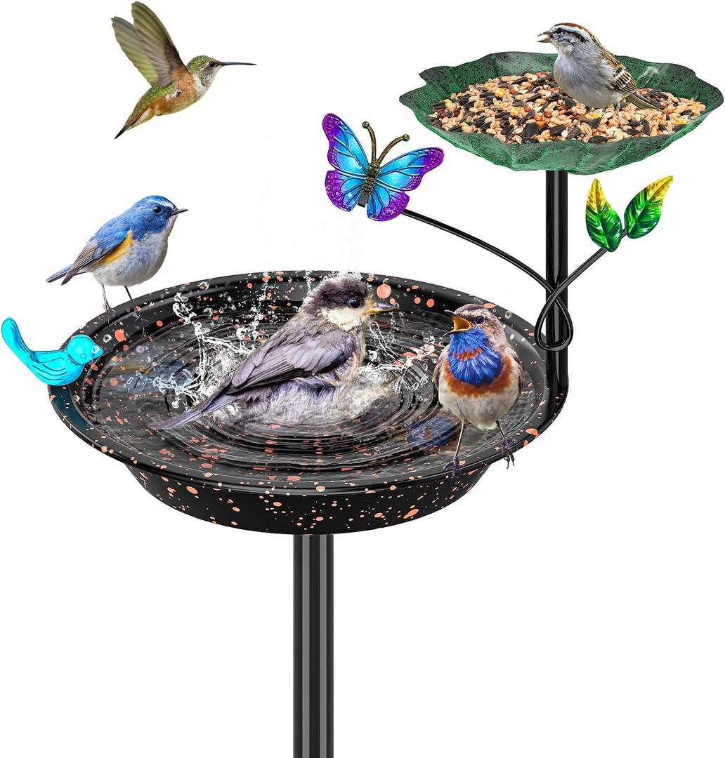 Metal Bird Bath for Outside Garden Birdbath Bowl, Freestanding Bird Feeders for Outdoors with 5 Prongs Base Stake, Standing Birdfeeders Birdbath Bowl for Yard Decor(Black-2-in-1-Butterfly)