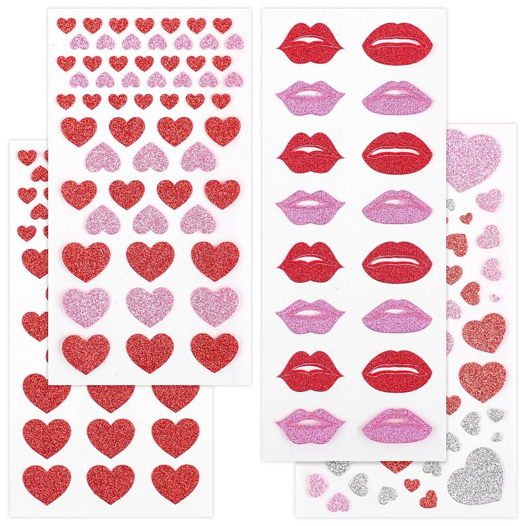 Red Pink Heart Face Gems, Valentine's Day Self Adhesive Face Gems Rhinestones Glitter Stickers, Heart Accessories for Makeup, Rave Accessories for Women, Kiss Jewels for Body, Eye, Hair 4 Sheets