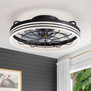 Flush Mount Ceiling Fan, Ceiling Fans with Lights and Remote, 6 Winds Speeds, 20" Low Profile Caged Ceiling Fan, Dimmable Bladeless Fan Light for Bedroom, Living Room, Kids Room and Kitchen (Black)