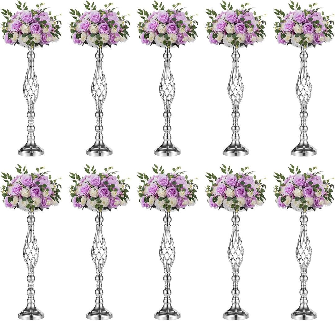 Set of 10 Versatile Silver Flower Arrangement Stand, Pillar Candle Holder Set for Wedding Party Dinner Centerpiece Event Restaurant Hotel Decoration (Silver, 10 x L)