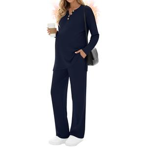 Sweetyweee 2 Piece Thermal Maternity Lounge Set Postpartum Pregnancy Fleece Loungewear Long Sleeve Top and Wide Leg Pant(Navy Blue,Small)