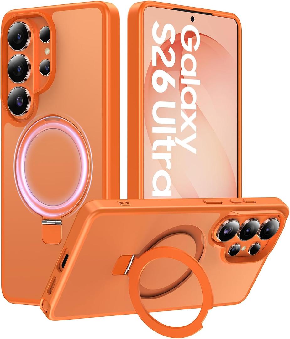 for Samsung Galaxy S26 Ultra Case with Magnetic Invisible Stand, [Compatible with MagSafe] [Military Drop Protection] Shockproof Slim Translucent Matte Case for S26 Ultra, Orange