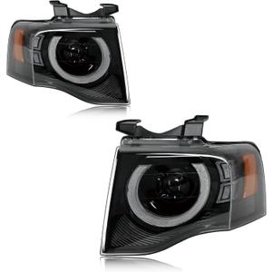 Black LED Halo Headlights Compatible with 2007-2014 Ford Expedition | W/DRL Halo Projector LED Headlight Assembly Front Light Lamp Clear Lens With bulb Left + Right Pair FO2503226
