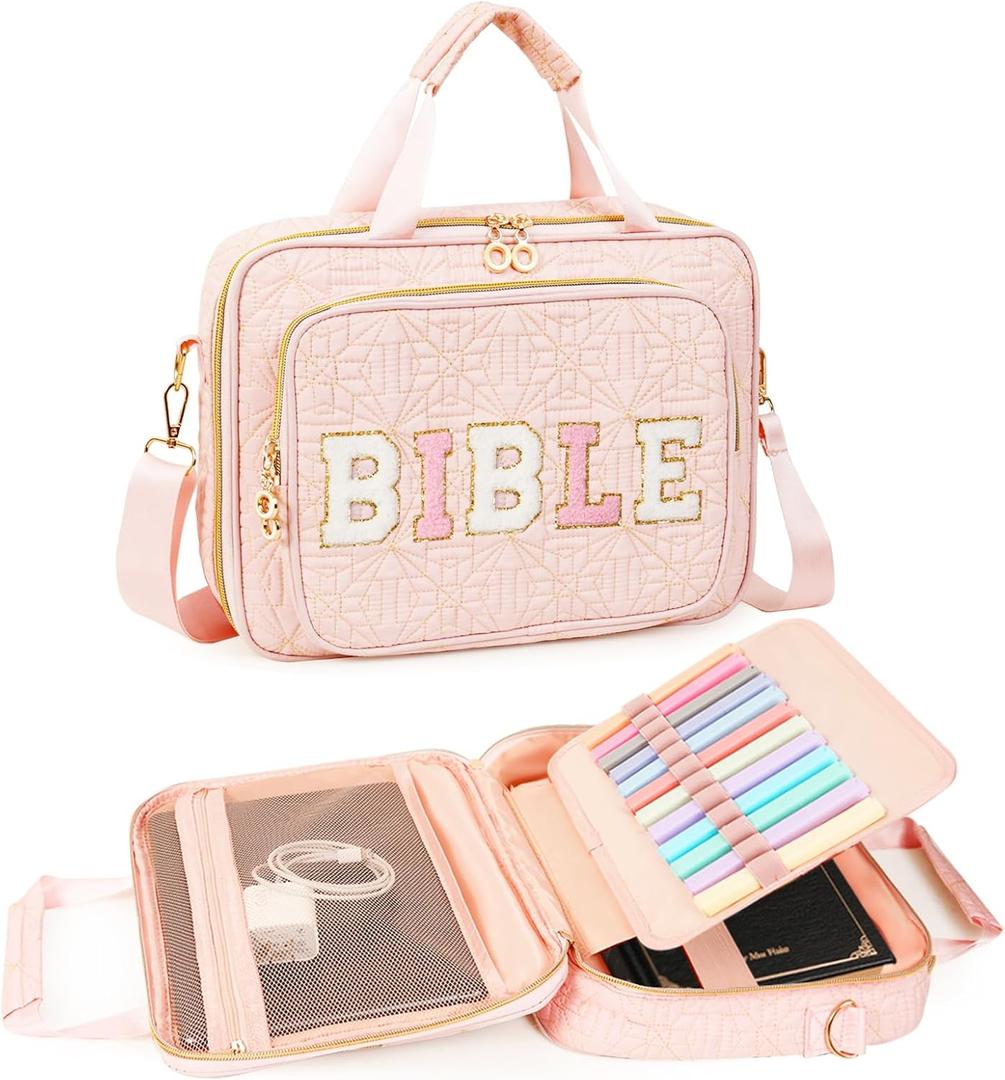 Bible Cover Case for Women Large Bible Bag with Soft Handle & Shoulder Strap, Bible Carrying Case for Women Bible Cover with Multi-Pockets, Bible Holder for Study Supplies Gift for Christian (Pink)
