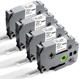 TZe-231 12mm 0.47 Black Ink on White Tape Replacement for Brother TZe-231 12mm 0.47 Black Ink on White Tape with P Touch Label Maker PT-D210 PT-D220 PTH100 PT-D400 PT-1180 PT-2040, 4 Packs