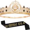 King Crown and Birthday Sash, King Crown for Men,Gold Men's Tiara Prince Diadem,Royal Medieval Cosplay Birthday Prom Halloween Hair Accessories