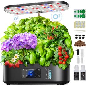 Ahopegarden Hydroponics Growing System Kit Indoor Herb Garden with Grow Light 12 Pods, with LCD Touch Panel Hydroponic Planter, Planting Height Up to 17", Grower Harvest Fresh Veggie Lettuce, Black