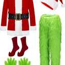 DJKFAEK Green Monster Santa Claus Costumes for Men,Christmas Furry Santa Claus Costume Include Mask for Halloween Cosplay (2XL)