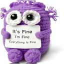 Funny Crochet Cat, Positive Emotional Support Cat Crochet Animals, Cheer Up Inspirational Birthday Gifts for Coworker Men Women Friends Employee, Office Accessories Desk Decor, Purple