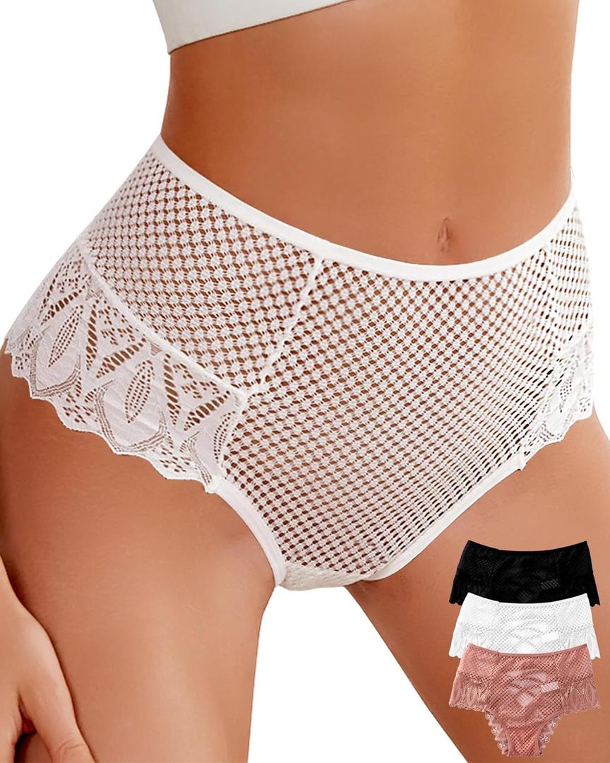 LIKEME High Waisted Bikini Underwear for Women Tummy Control Sexy Lace Lightweight Ladies Panties Briefs 3pack (Large)